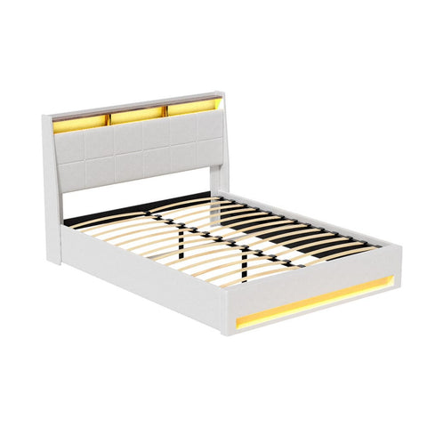 Darrahopens Furniture > Bedroom > Beds & Bed Frames Artiss Bed Frame Gas Lift LED Beds Base Platform White PVC Leather Storage Headboard - Double