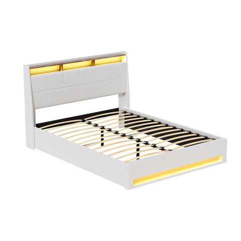 Darrahopens Furniture > Bedroom > Beds & Bed Frames Artiss Bed Frame Gas Lift LED Beds Base Platform White PVC Leather Storage Headboard - Queen