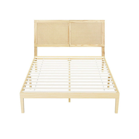 Darrahopens Furniture > Bedroom > Beds & Bed Frames Artiss Bed Frame Queen Size with Rattan Headboard Wooden Bed Base BRUNO