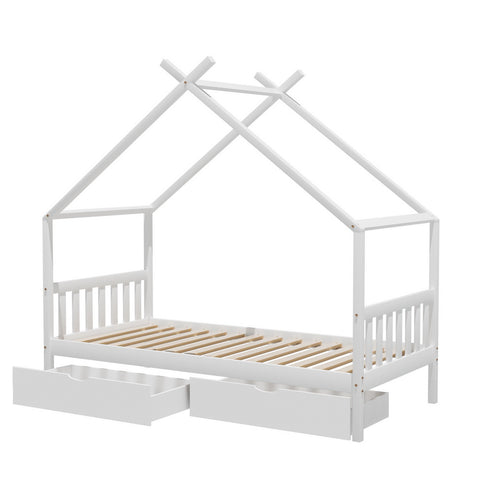 Darrahopens Furniture > Bedroom > Beds & Bed Frames Artiss Bed Frame Wooden Base Kids Single Timber House  with 2 Storage Drawers Beds White