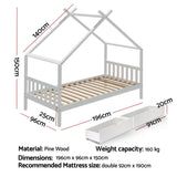 Darrahopens Furniture > Bedroom > Beds & Bed Frames Artiss Bed Frame Wooden Base Kids Single Timber House  with 2 Storage Drawers Beds White