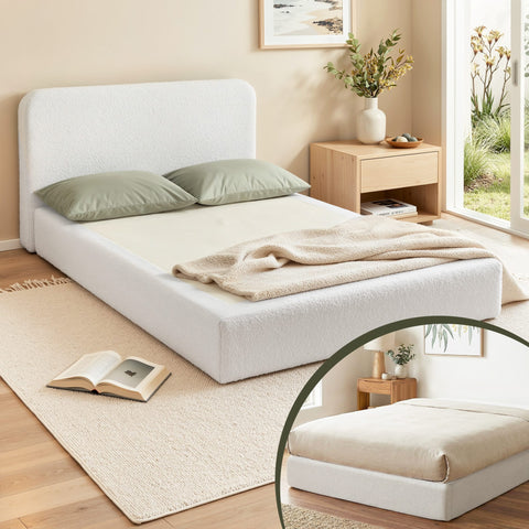 Darrahopens Furniture > Bedroom > Beds & Bed Frames Artiss Compression Bed Frame Queen Size No Assembly Vacuum High Density Sponge Boucle Cream White