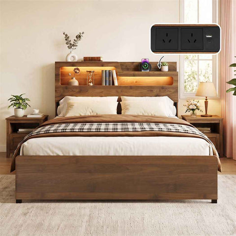 Darrahopens Furniture > Bedroom > Beds & Bed Frames Artiss Double Bed Frame Metal with Charging Station LED Light Storage Shelf In Australia - Darrahopens