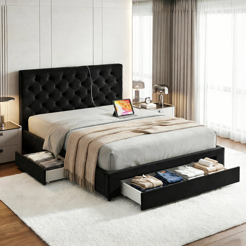 Darrahopens Furniture > Bedroom > Beds & Bed Frames Artiss Double Bed Frame Storage Charging Station Upholstered 3 Drawers USB Type-C