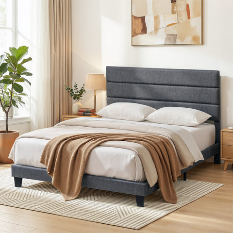 Darrahopens Furniture > Bedroom > Beds & Bed Frames Artiss Double Bed Frame Upholstered Platform Base with Geometric Headboard Charcoal Grey Linen Wood Slats for Modern Bedroom Furniture Home Decor
