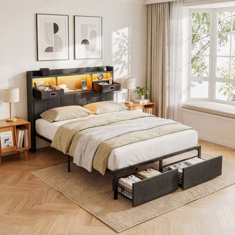 Darrahopens Furniture > Bedroom > Beds & Bed Frames Artiss Double Bed Frame with 2 Storage Drawers & Headboard, USB Charging Station, RGB LED Light In Australia - Darrahopens