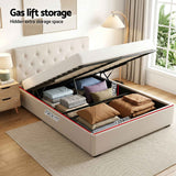 Darrahopens Furniture > Bedroom > Beds & Bed Frames Artiss Double Bed Frame with Storage and Bedside Table Set Tufted Linen Gas Lift Bed Base and 2-Drawer Nightstand In Australia - Darrahopens