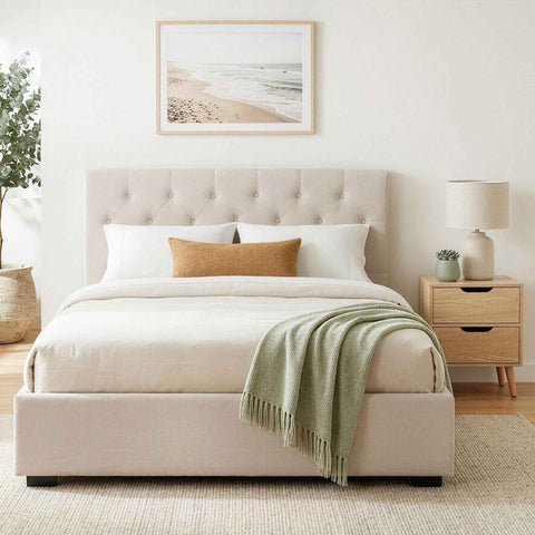 Darrahopens Furniture > Bedroom > Beds & Bed Frames Artiss Double Bed Frame with Storage and Bedside Table Set Tufted Linen Gas Lift Bed Base and 2-Drawer Nightstand In Australia - Darrahopens