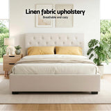 Darrahopens Furniture > Bedroom > Beds & Bed Frames Artiss Double Bed Frame with Storage and Bedside Table Set Tufted Linen Gas Lift Bed Base and 2-Drawer Nightstand In Australia - Darrahopens
