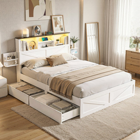 Darrahopens Furniture > Bedroom > Beds & Bed Frames Artiss Double Bed Frame with Storage Drawers White Platform Bedframe with Bookcase Headboard Charging Station Led Light
