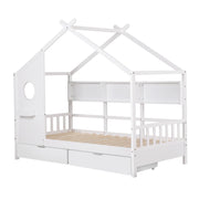 Darrahopens Furniture > Bedroom > Beds & Bed Frames Artiss Kids Single Bed Frame with 3 Storage Bookcase & 2 Drawers House Bed Solid Wood Montessori Bed Easy Assembly White