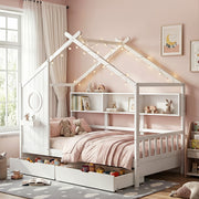 Darrahopens Furniture > Bedroom > Beds & Bed Frames Artiss Kids Single Bed Frame with 3 Storage Bookcase & 2 Drawers House Bed Solid Wood Montessori Bed Easy Assembly White