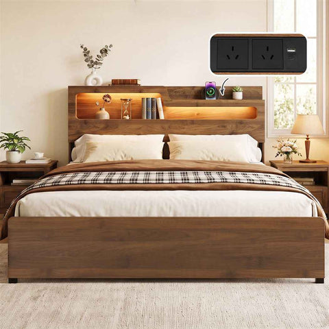 Darrahopens Furniture > Bedroom > Beds & Bed Frames Artiss King Bed Frame Metal with Charging Station LED Light Storage Shelf In Australia - Darrahopens