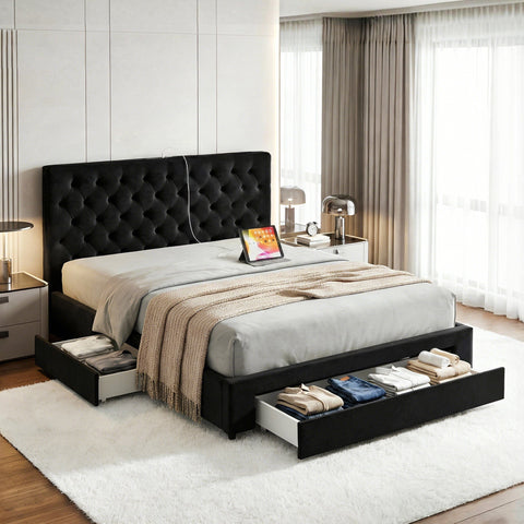 Darrahopens Furniture > Bedroom > Beds & Bed Frames Artiss King Bed Frame Storage Charging Station Upholstered 3 Drawers USB Type-C