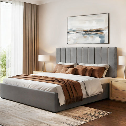Darrahopens Furniture > Bedroom > Beds & Bed Frames Artiss King Bed Frame with Storage Grey Velvet Headboard Gas Lift Platform Base