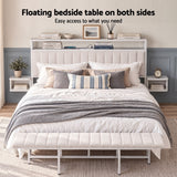 Darrahopens Furniture > Bedroom > Beds & Bed Frames Artiss King Metal Bed Frame Boucle Headboard Charging Station Side Table White In Australia - Darrahopens
