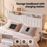 Darrahopens Furniture > Bedroom > Beds & Bed Frames Artiss King Metal Bed Frame Boucle Headboard Charging Station Side Table White In Australia - Darrahopens