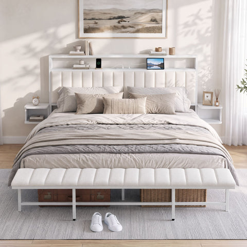 Darrahopens Furniture > Bedroom > Beds & Bed Frames Artiss King Metal Bed Frame Boucle Headboard Charging Station Side Table White In Australia - Darrahopens