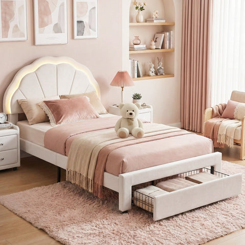Darrahopens Furniture > Bedroom > Beds & Bed Frames Artiss King Single Bed Frame with Storage Drawer Upholstered Velvet Platform Bed LED Headboard