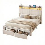 Darrahopens Furniture > Bedroom > Beds & Bed Frames Artiss King Upholstered Bed Frame with Shelf Storage Drawers Charging Station Mood Lighting Linen