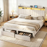 Darrahopens Furniture > Bedroom > Beds & Bed Frames Artiss King Upholstered Bed Frame with Shelf Storage Drawers Charging Station Mood Lighting Linen