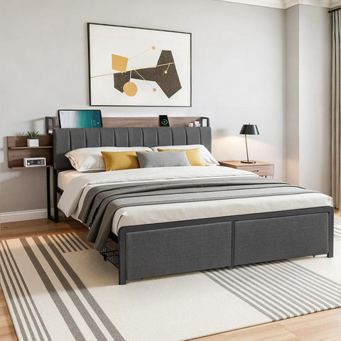 Darrahopens Furniture > Bedroom > Beds & Bed Frames Artiss Metal Bed Frame King Size with 2-Tier Hidden Storage with Charging Station