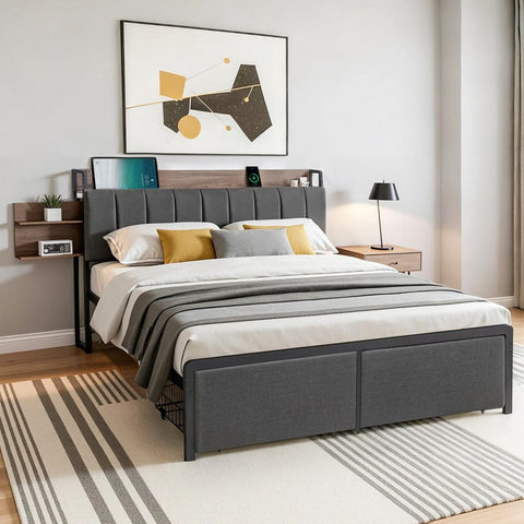 Darrahopens Furniture > Bedroom > Beds & Bed Frames Artiss Metal Bed Frame Queen Size with 2-Tier Hidden Storage with Charging Station