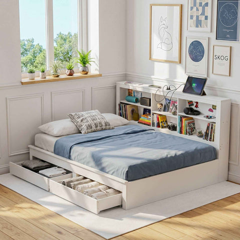 Darrahopens Furniture > Bedroom > Beds & Bed Frames Artiss Noise-Free White Farmhouse Solid Wood Double Platform Bed Frame with Storage Headboard, Charging Station and Drawers for Bedroom and Apartment