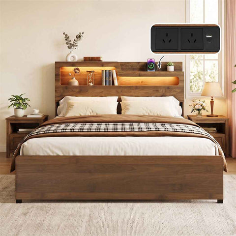 Darrahopens Furniture > Bedroom > Beds & Bed Frames Artiss Queen Bed Frame Metal with Charging Station LED Light Storage Shelf In Australia - Darrahopens