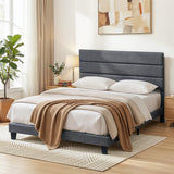Darrahopens Furniture > Bedroom > Beds & Bed Frames Artiss Queen Bed Frame Upholstered Platform Base with Geometric Headboard Charcoal Grey Linen Wood Slats for Modern Bedroom Furniture Home Decor