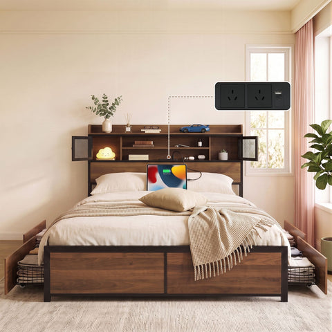 Darrahopens Furniture > Bedroom > Beds & Bed Frames Artiss Queen Bed Frame with Charging Station 4 Drawers Storage Oak In Australia - Darrahopens