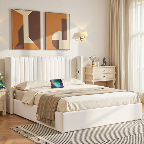 Darrahopens Furniture > Bedroom > Beds & Bed Frames Artiss Queen Bed Frame with Gaslift Storage USB Type-C Charging Ports Velvet Upholstery White