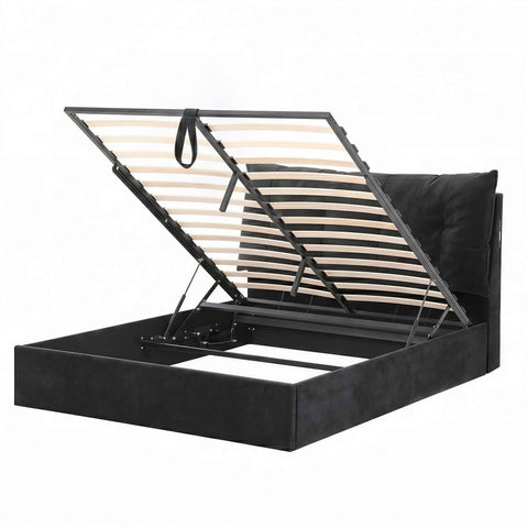 Darrahopens Furniture > Bedroom > Beds & Bed Frames Artiss Queen Bed Frame with Horizontal Gas Lift Storage with LED Light USB Type-C Charging Station Black Velvet