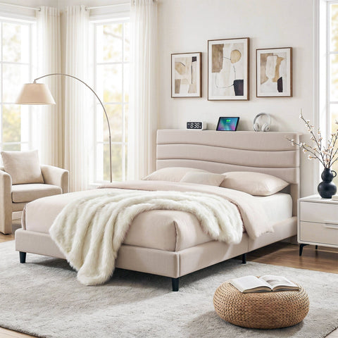 Darrahopens Furniture > Bedroom > Beds & Bed Frames Artiss Queen Bed Frame with Storage Adjustable Headboard Platform Base Linen Fabric Charging Ports