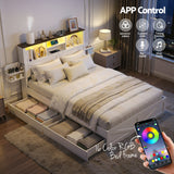 Darrahopens Furniture > Bedroom > Beds & Bed Frames Artiss Queen Bed Frame with Storage Drawers White Platform Bedframe with Bookcase Headboard Charging Station Led Light