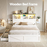 Darrahopens Furniture > Bedroom > Beds & Bed Frames Artiss Queen Bed Frame with Storage Drawers White Platform Bedframe with Bookcase Headboard Charging Station Led Light