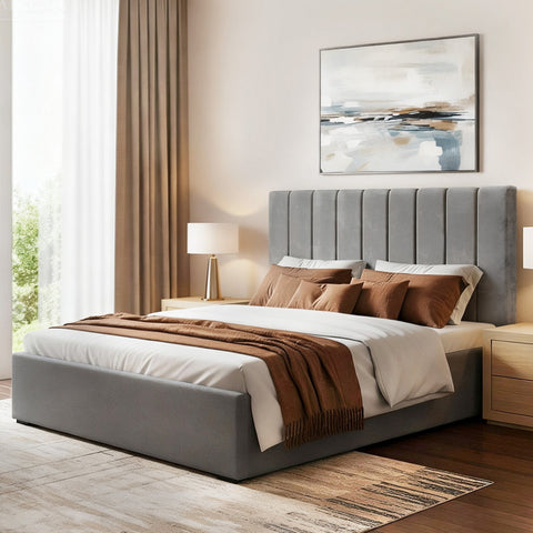 Darrahopens Furniture > Bedroom > Beds & Bed Frames Artiss Queen Bed Frame with Storage Grey Velvet Headboard Gas Lift Platform Base