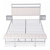 Darrahopens Furniture > Bedroom > Beds & Bed Frames Artiss Queen Metal Bed Frame Boucle Headboard Charging Station Side Table White In Australia - Darrahopens