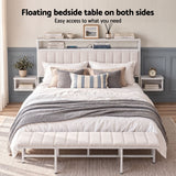Darrahopens Furniture > Bedroom > Beds & Bed Frames Artiss Queen Metal Bed Frame Boucle Headboard Charging Station Side Table White In Australia - Darrahopens