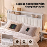 Darrahopens Furniture > Bedroom > Beds & Bed Frames Artiss Queen Metal Bed Frame Boucle Headboard Charging Station Side Table White In Australia - Darrahopens