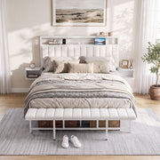 Darrahopens Furniture > Bedroom > Beds & Bed Frames Artiss Queen Metal Bed Frame Boucle Headboard Charging Station Side Table White In Australia - Darrahopens