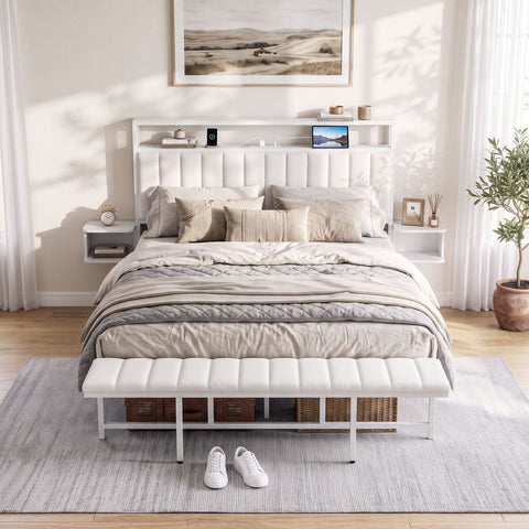 Darrahopens Furniture > Bedroom > Beds & Bed Frames Artiss Queen Metal Bed Frame Boucle Headboard Charging Station Side Table White In Australia - Darrahopens