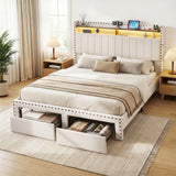 Darrahopens Furniture > Bedroom > Beds & Bed Frames Artiss Queen Upholstered Bed Frame with Shelf Storage Drawers Charging Station Mood Lighting Linen
