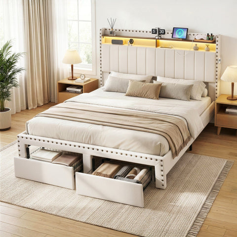 Darrahopens Furniture > Bedroom > Beds & Bed Frames Artiss Queen Upholstered Bed Frame with Shelf Storage Drawers Charging Station Mood Lighting Linen