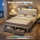 Darrahopens Furniture > Bedroom > Beds & Bed Frames Artiss Queen Upholstered Bed Frame with Shelf Storage Drawers Charging Station Mood Lighting Linen