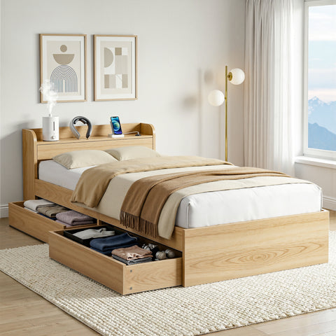 Darrahopens Furniture > Bedroom > Beds & Bed Frames Artiss Single Bed Frame with 2 Storage Drawers Platform Bed Base with USB Ports Sturdy Wooden Slat Support Natural