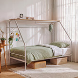 Darrahopens Furniture > Bedroom > Beds & Bed Frames Artiss Single House Bed Frame Metal Canopy Bed Storage Shelf for Kids White In Australia - Darrahopens