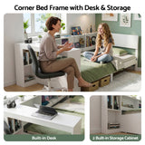 Darrahopens Furniture > Bedroom > Beds & Bed Frames Artiss White Single Solid Wood Corner Platform Bed Frame with Built-in Desk, Storage Shelves and USB-C Charging Station for Small Spaces, Wooden Bed Base for Guest Room