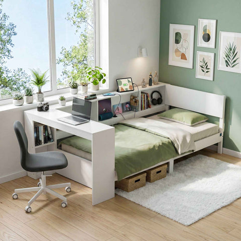 Darrahopens Furniture > Bedroom > Beds & Bed Frames Artiss White Single Solid Wood Corner Platform Bed Frame with Built-in Desk, Storage Shelves and USB-C Charging Station for Small Spaces, Wooden Bed Base for Guest Room