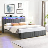 Darrahopens Furniture > Bedroom > Beds & Bed Frames Double Bed Frame with 2 Storage Drawers and LED Lights Headboard, Upholstered Bed Frame with Charging Station, No Box Spring Needed, Easy Assembly - Grey